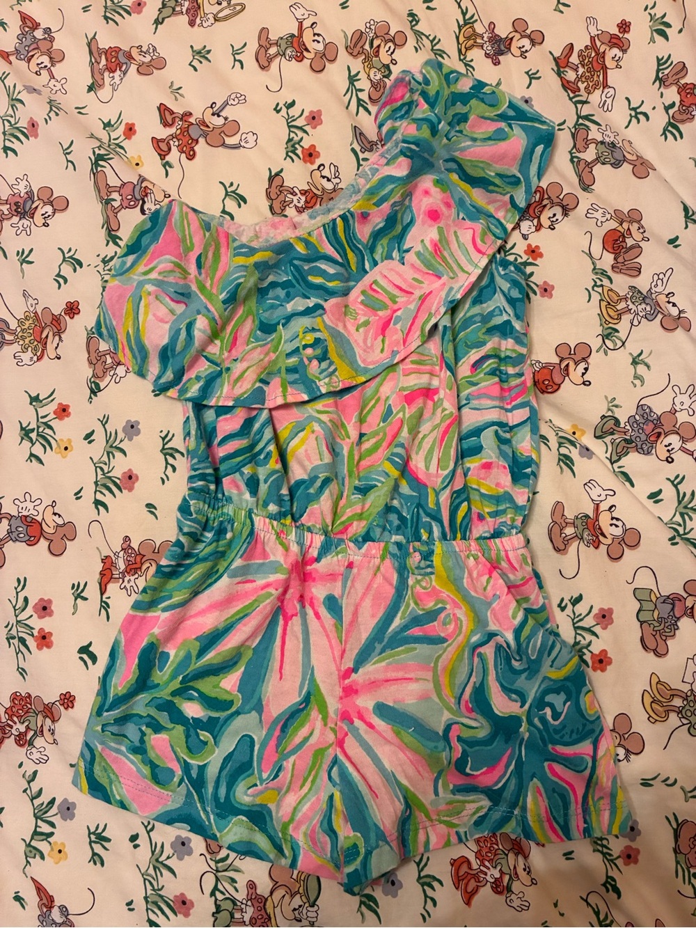 Lilly Pulitzer Girls' One-Shoulder Tropical Print Romper - Pink & Teal